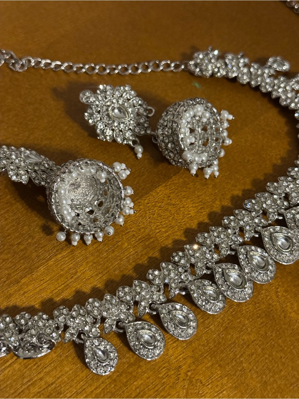 Silver-Tone Pearl Jhumka Earrings and Necklace Set - Women Jewelry